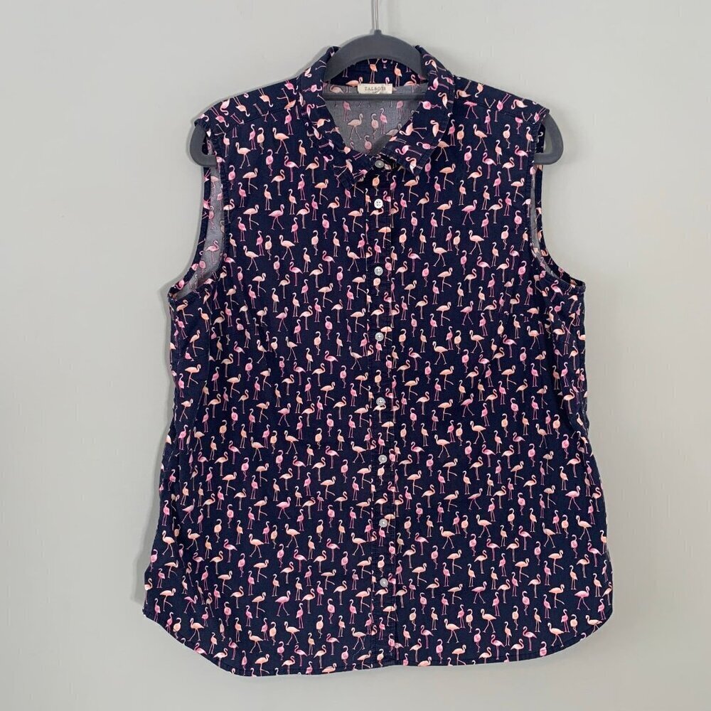 Talbots Flamingo Print Collared Sleeveless Button… - image 1